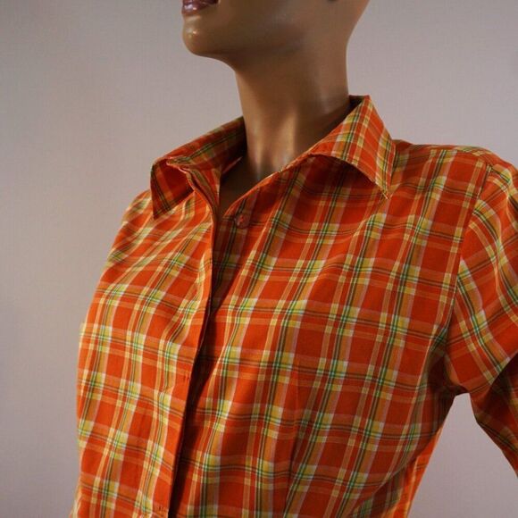 Haband Plaid Fitted Shirt Womens Size Small Orange Green Button Up Short Sleeve - Picture 1 of 11